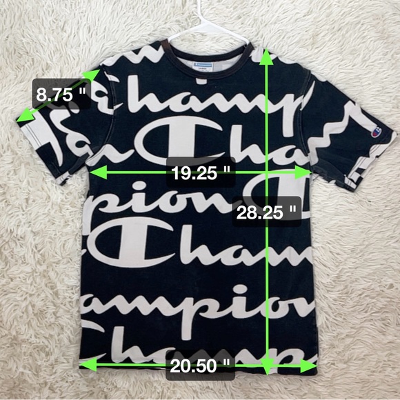Size L Vintage Champion T-Shirt Vintage 90s All Over Print‎ Black Distressed Y2K - Picture 2 of 15